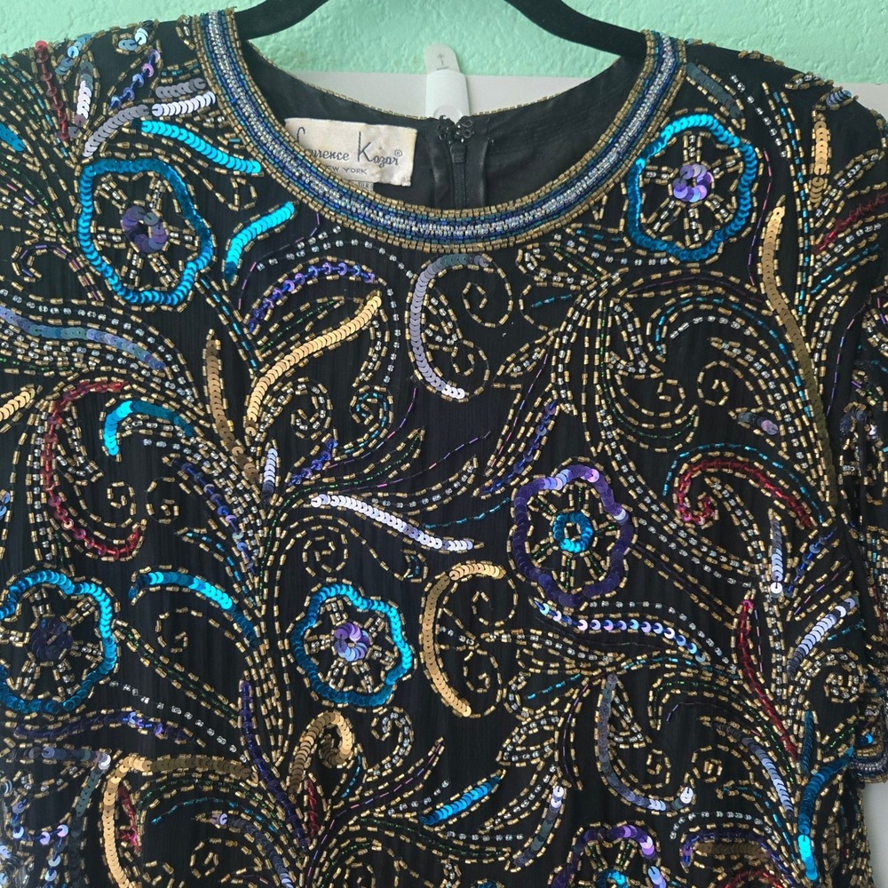 Laurence Kazar XXL Beaded Silk Top Black Gold Blue Sequin Scalloped Vintage 90s